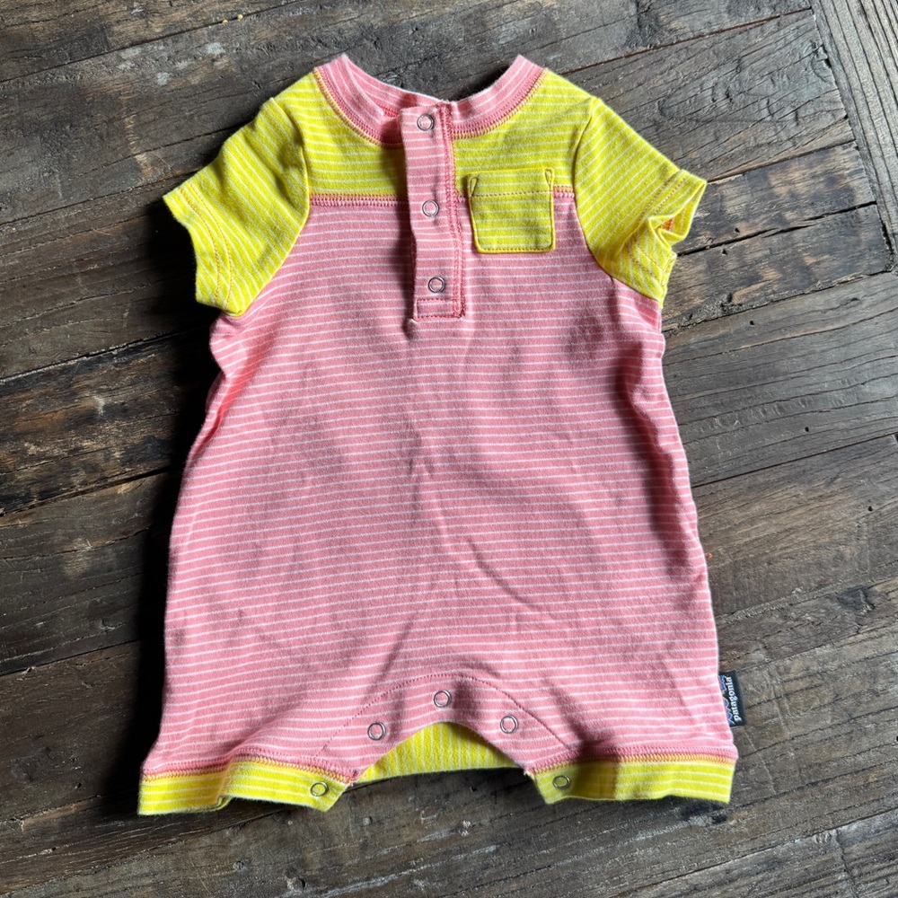 Patagonia Organic Onesie with Pink and Yellow Stripes